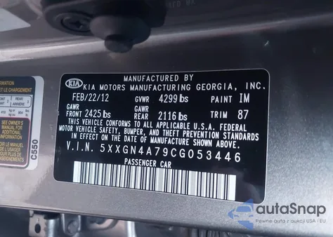 2012 Kia Optima Ex z USA, uszkodzony, nr VIN 5XXGN4A79CG053446